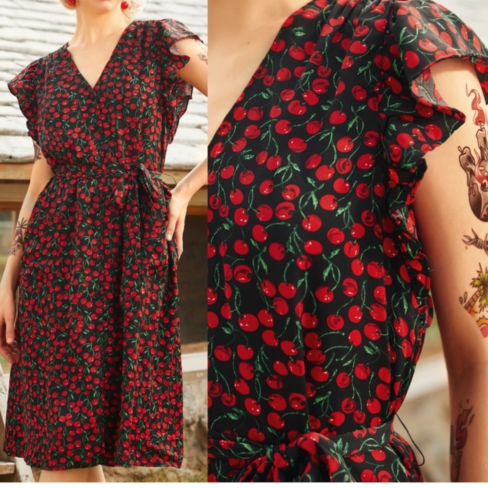 ModCloth Cherry Picked Perfection Dress Black Cherry Red Retro Pinup Rockabilly